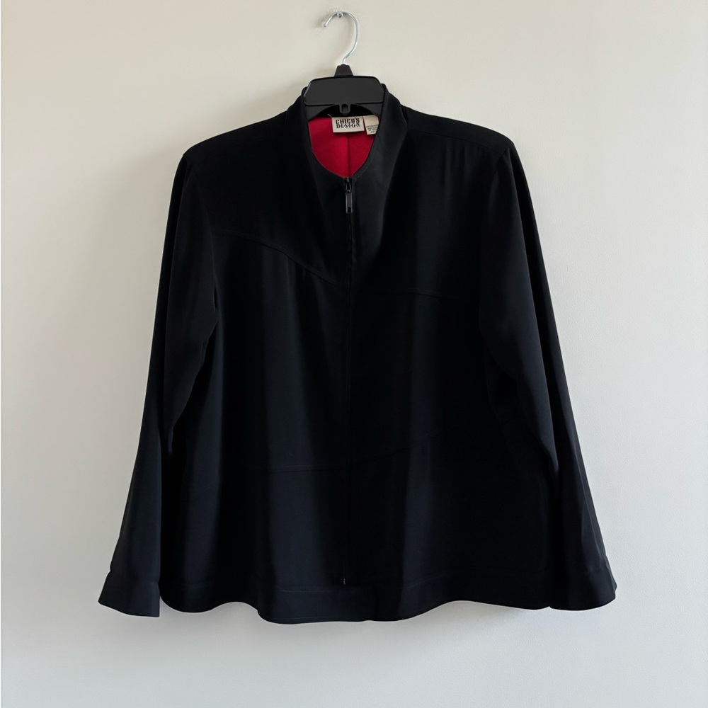 VTG Chico’s Design Jacket Black Full Zip Lined Mock Neck Womens 3/16 USA See Bel